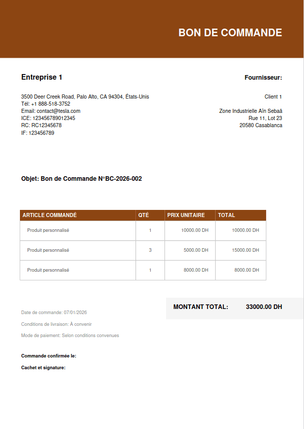 Exemple de bon de commande professionnel